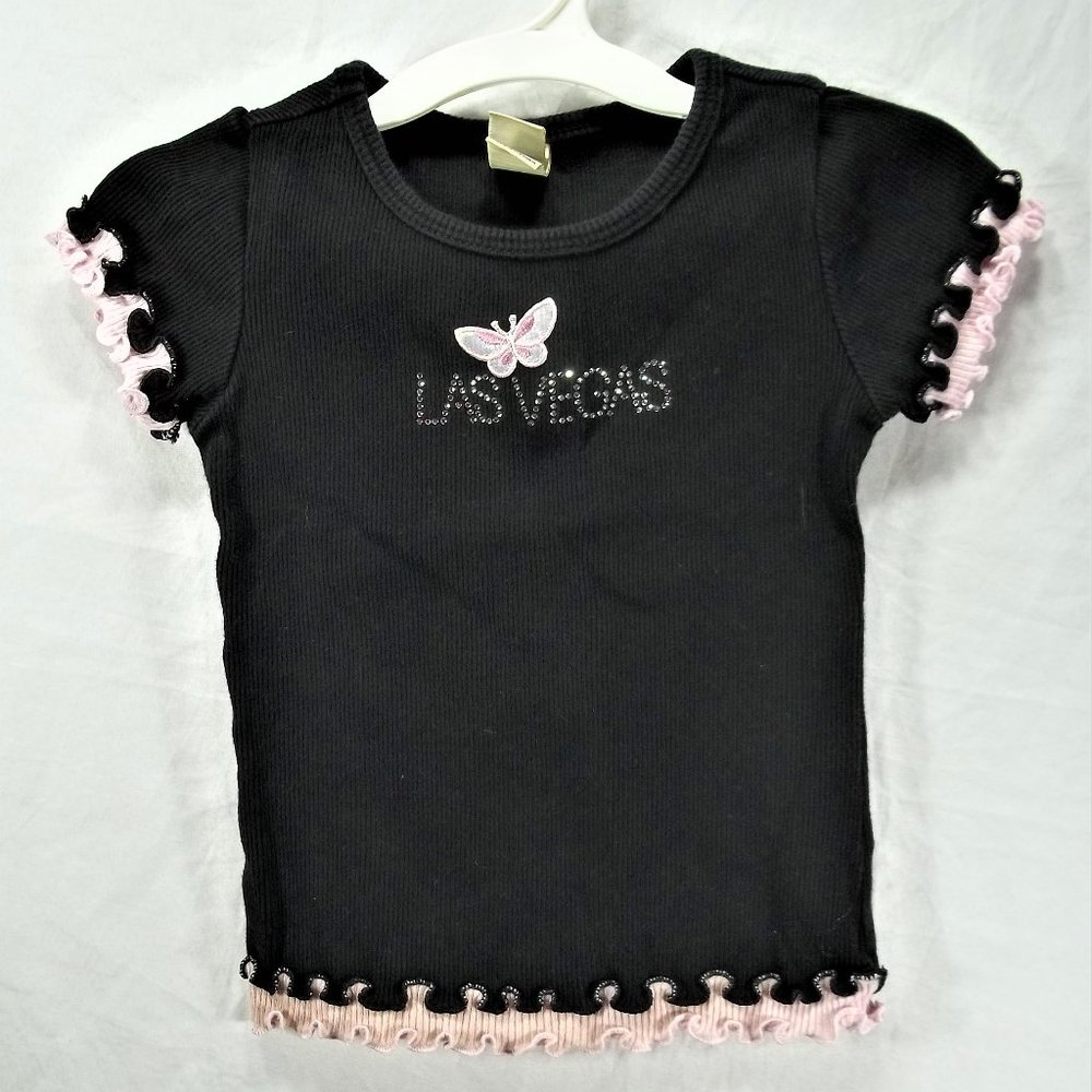 Girls size 4 Kavio Girl ribbed black pink ruffle bling Las Vegas short sleeve